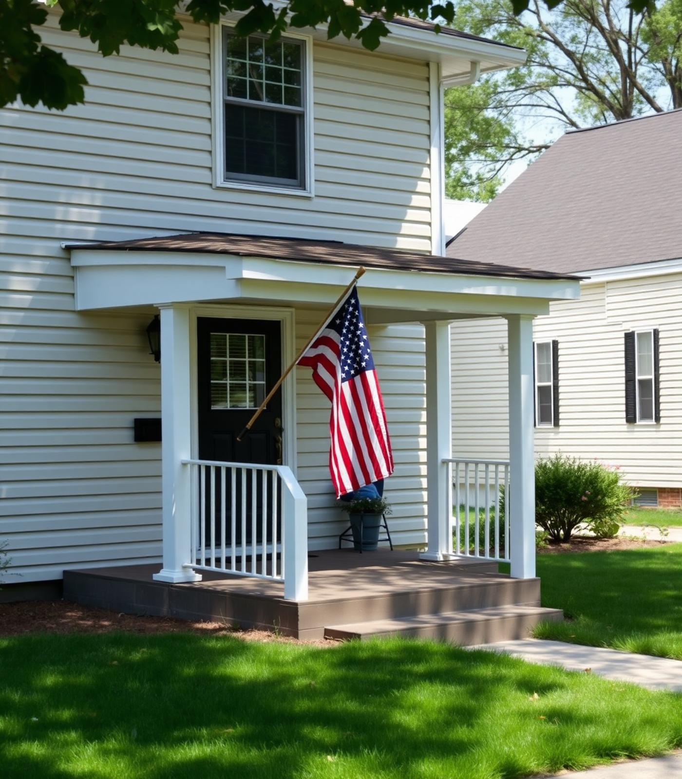 Patriotic veteran housing home with American flag